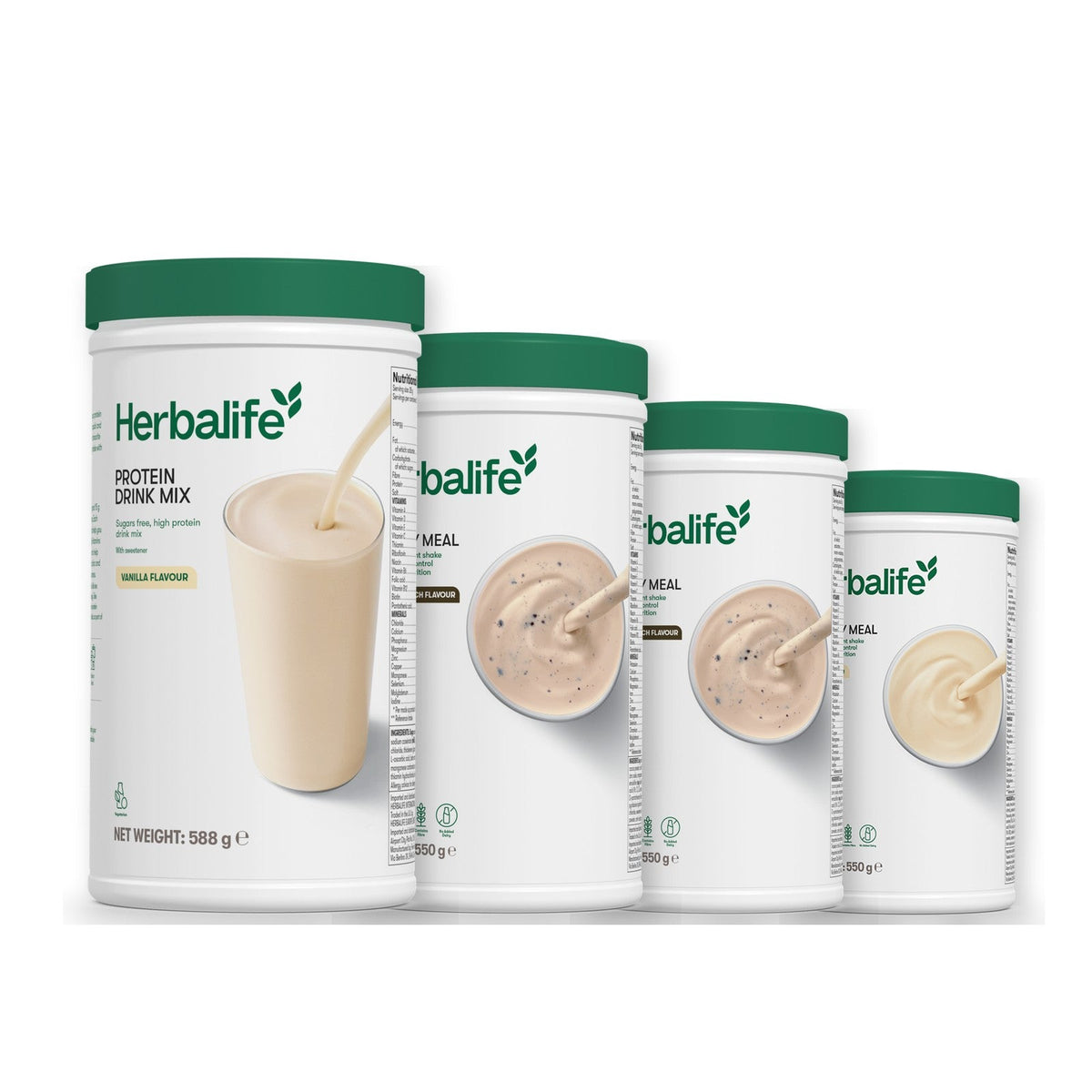 Formula 1 Cookie Crunch shake tub with two more Formula 1 tubs and a vanilla Protein Drink Mix tub, Cookie Crunch / Vanilla