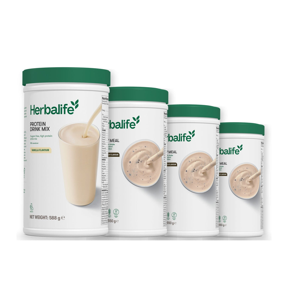 Formula 1 Cookie Crunch shake tub with two more Formula 1 tubs and a vanilla Protein Drink Mix tub, Cookie Crunch / Cookie Crunch