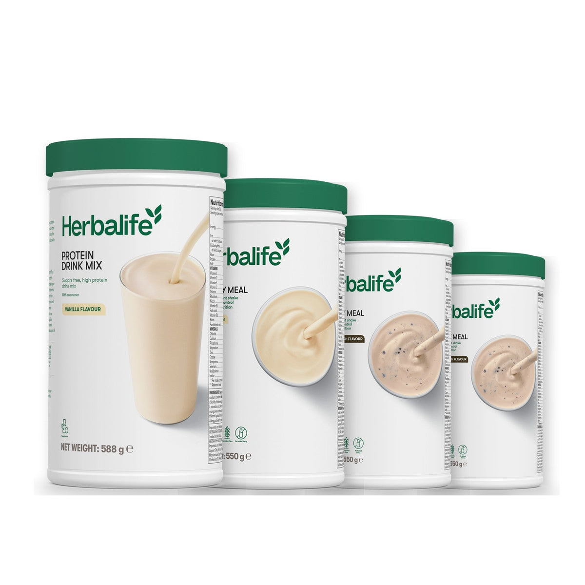 Formula 1 Vanilla Cream shake tub with two more Formula 1 tubs and a vanilla Protein Drink Mix tub, Cookie Crunch / Cookie Crunch