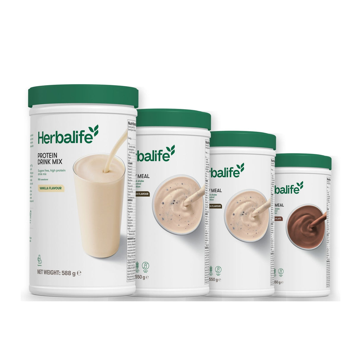 Formula 1 Cookie Crunch shake tub with two more Formula 1 tubs and a vanilla Protein Drink Mix tub, Cookie Crunch / Chocolate