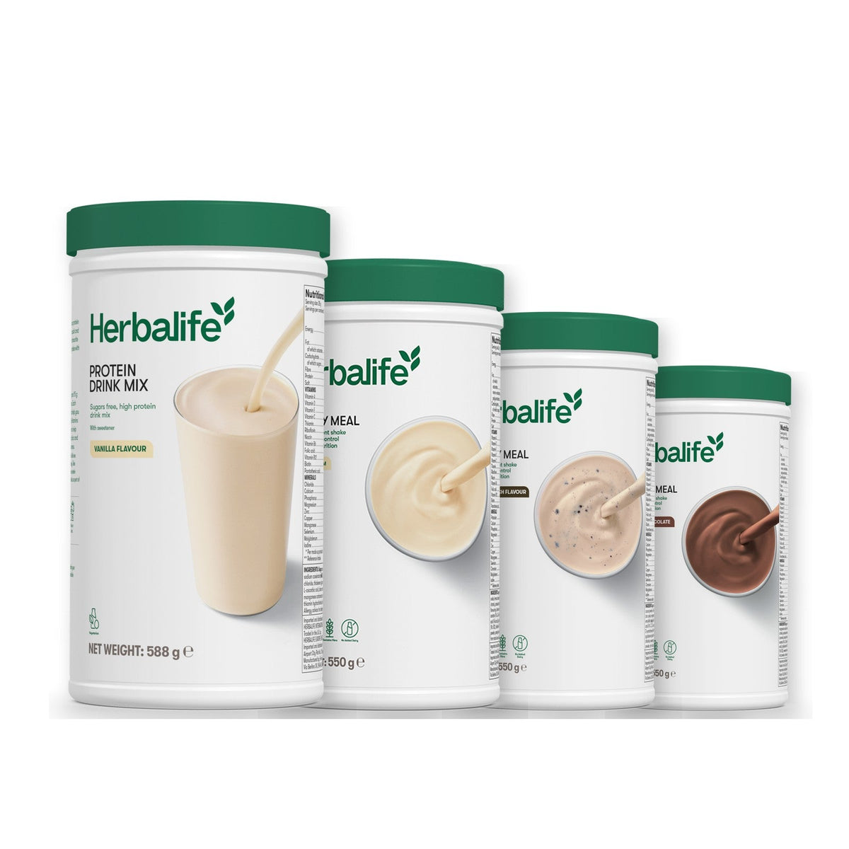 Formula 1 Vanilla Cream shake tub with two more Formula 1 tubs and a vanilla Protein Drink Mix tub, Cookie Crunch / Chocolate