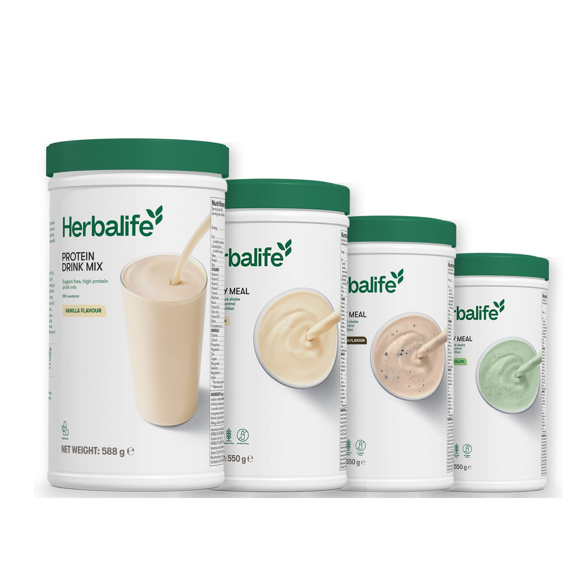 Formula 1 Vanilla Cream shake tub with two more Formula 1 tubs and a vanilla Protein Drink Mix tub, Cookie Crunch / Mint Chocolate