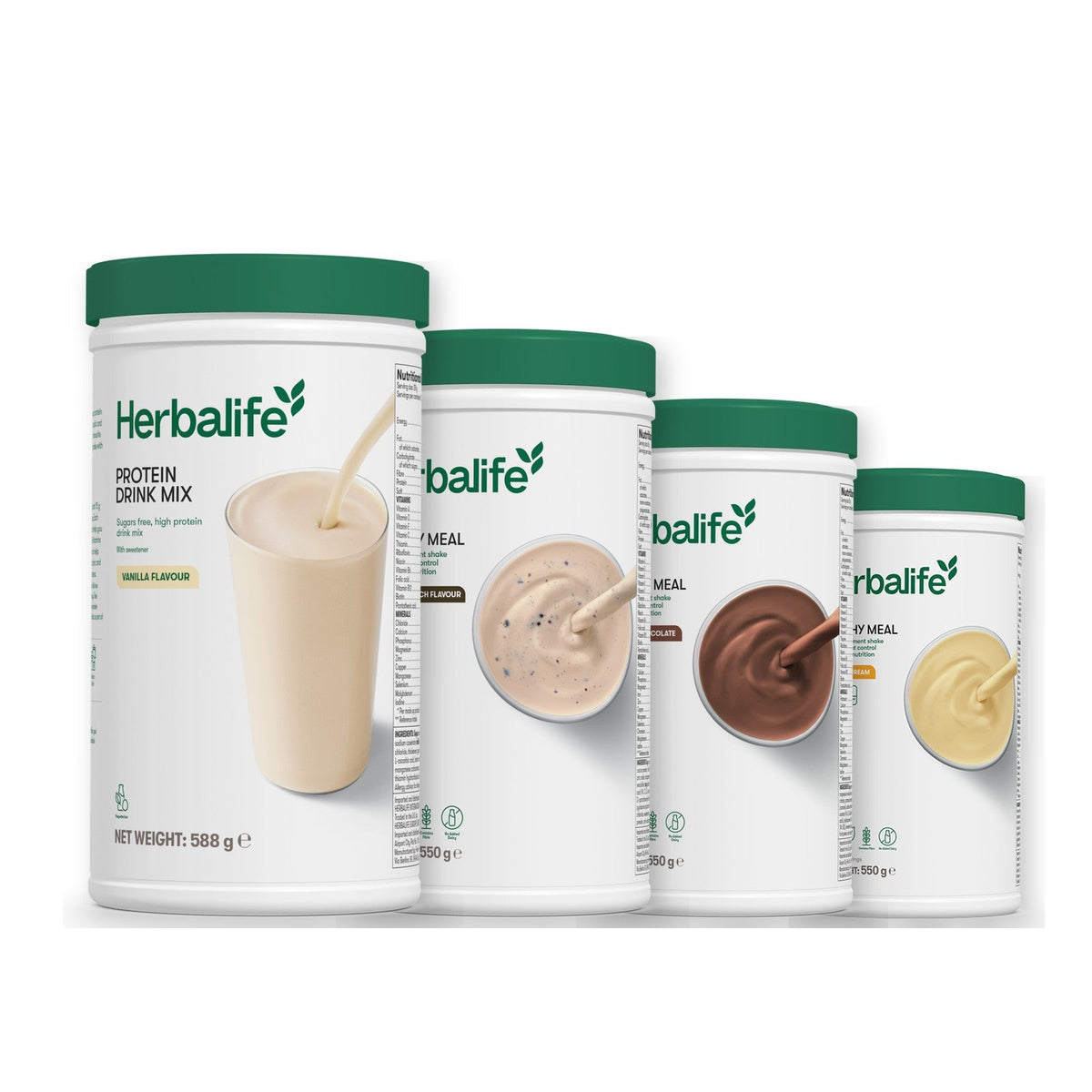 Formula 1 Cookie Crunch shake tub with two more Formula 1 tubs and a vanilla Protein Drink Mix tub, Chocolate / Banana Cream