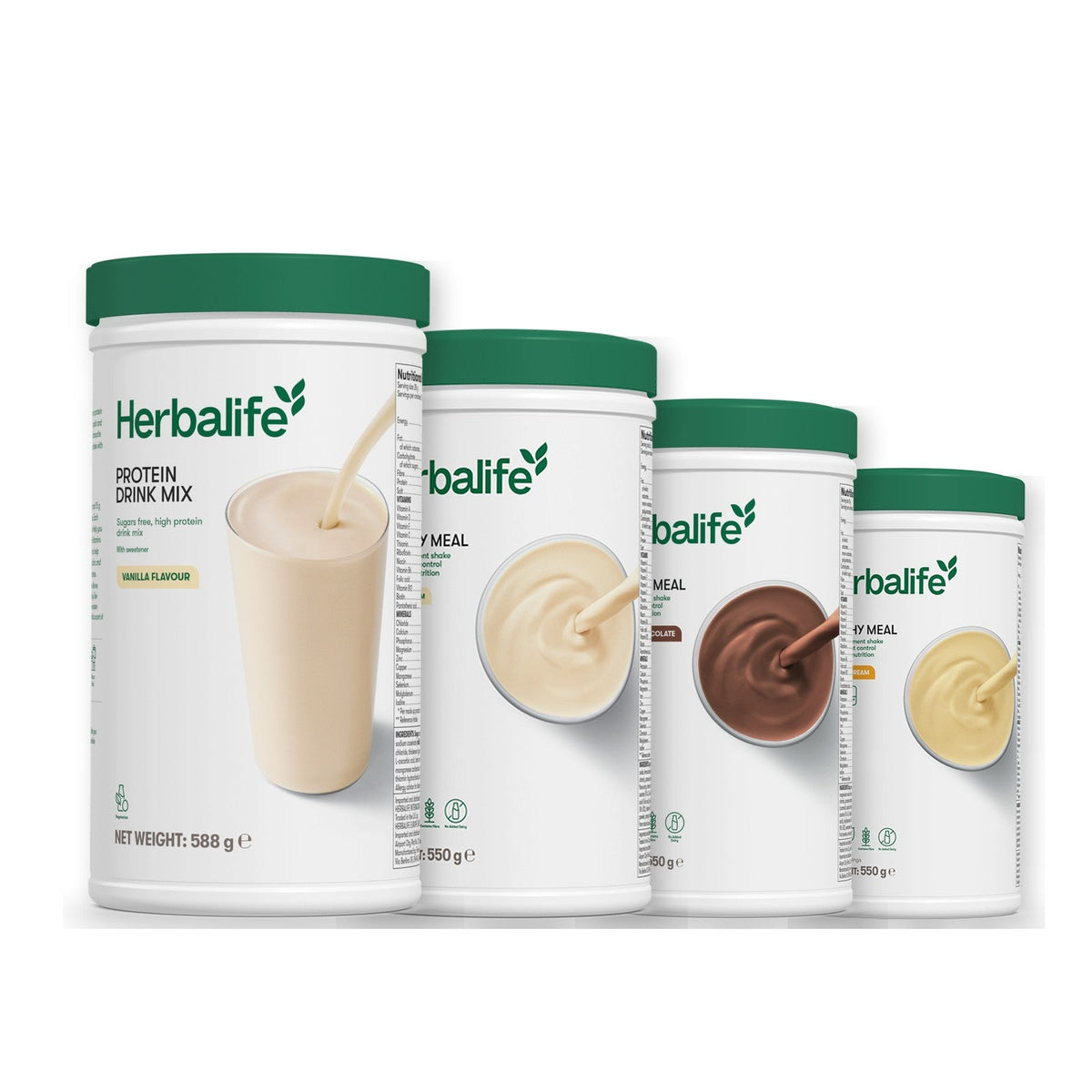 Formula 1 Vanilla Cream shake tub with two more Formula 1 tubs and a vanilla Protein Drink Mix tub, Chocolate / Banana Cream