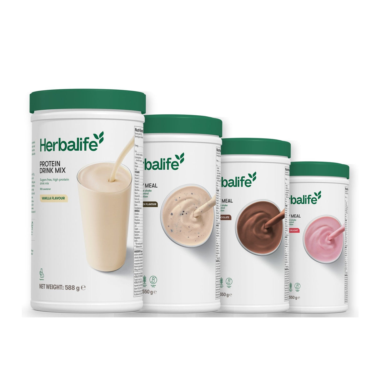 Formula 1 Cookie Crunch shake tub with two more Formula 1 tubs and a vanilla Protein Drink Mix tub, Chocolate / Strawberry