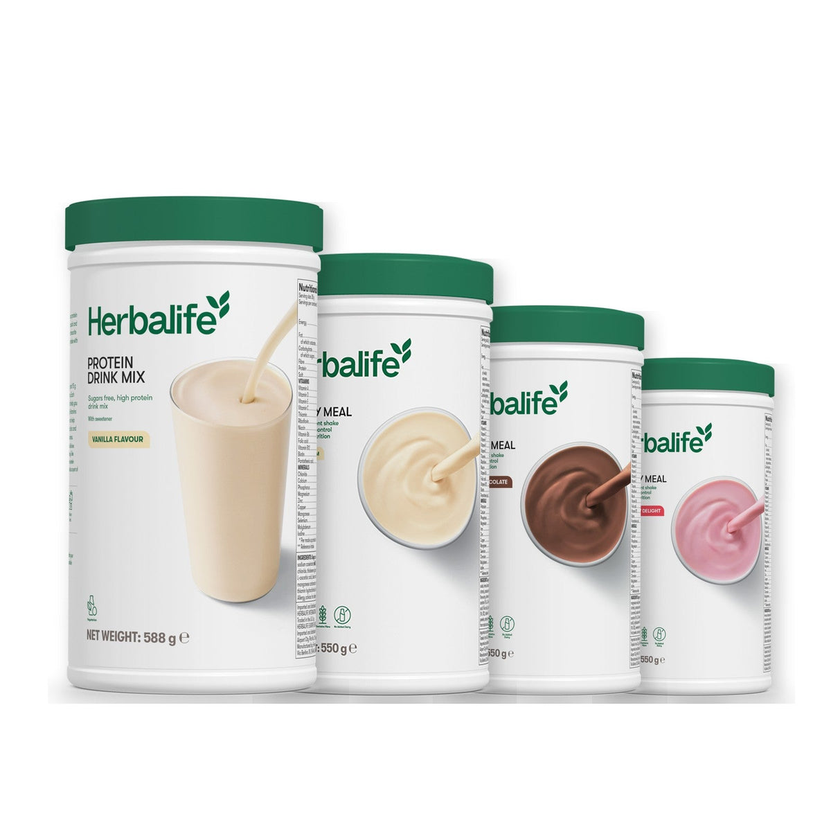 Formula 1 Vanilla Cream shake tub with two more Formula 1 tubs and a vanilla Protein Drink Mix tub, Chocolate / Strawberry