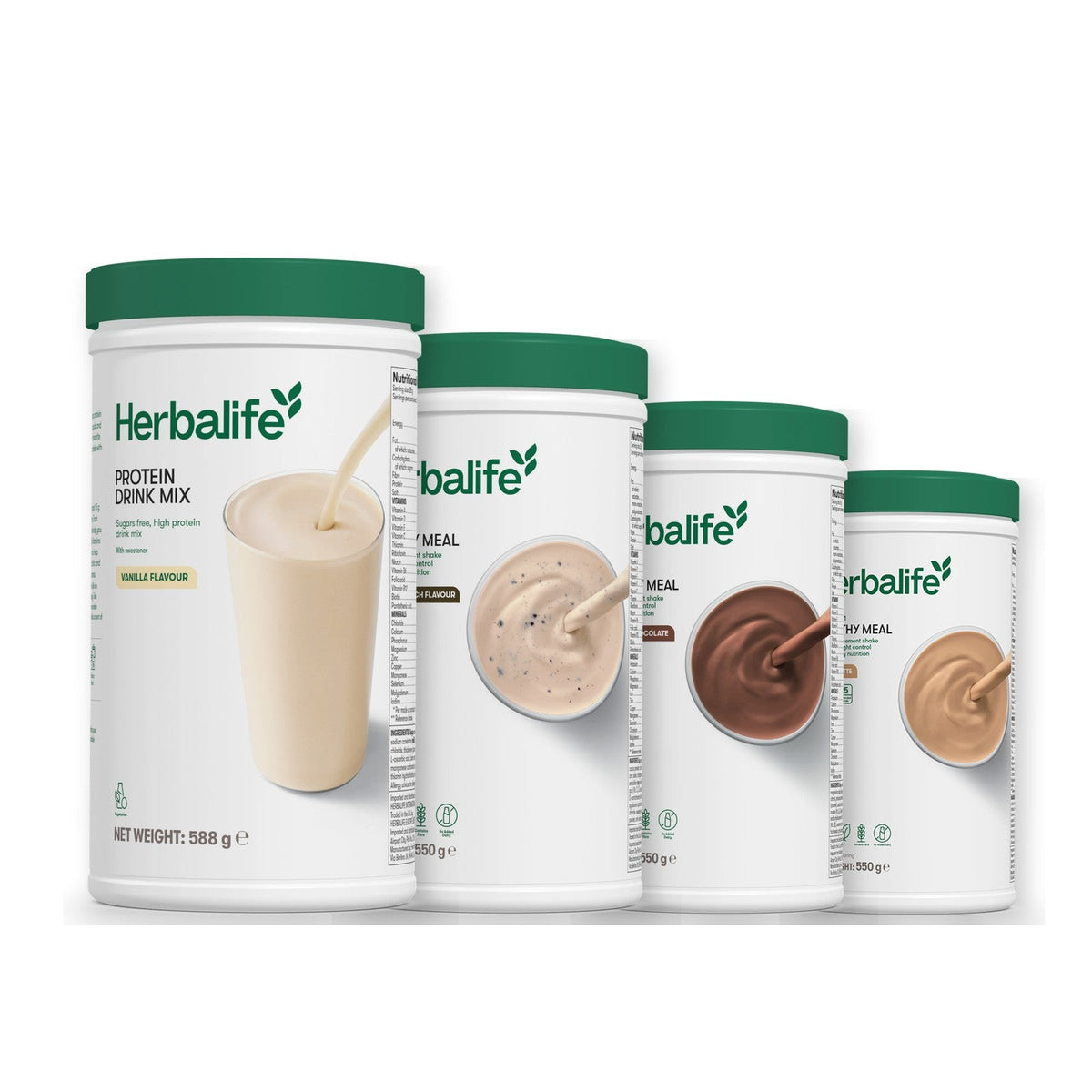 Formula 1 Cookie Crunch shake tub with two more Formula 1 tubs and a vanilla Protein Drink Mix tub, Chocolate / Cafe Latte