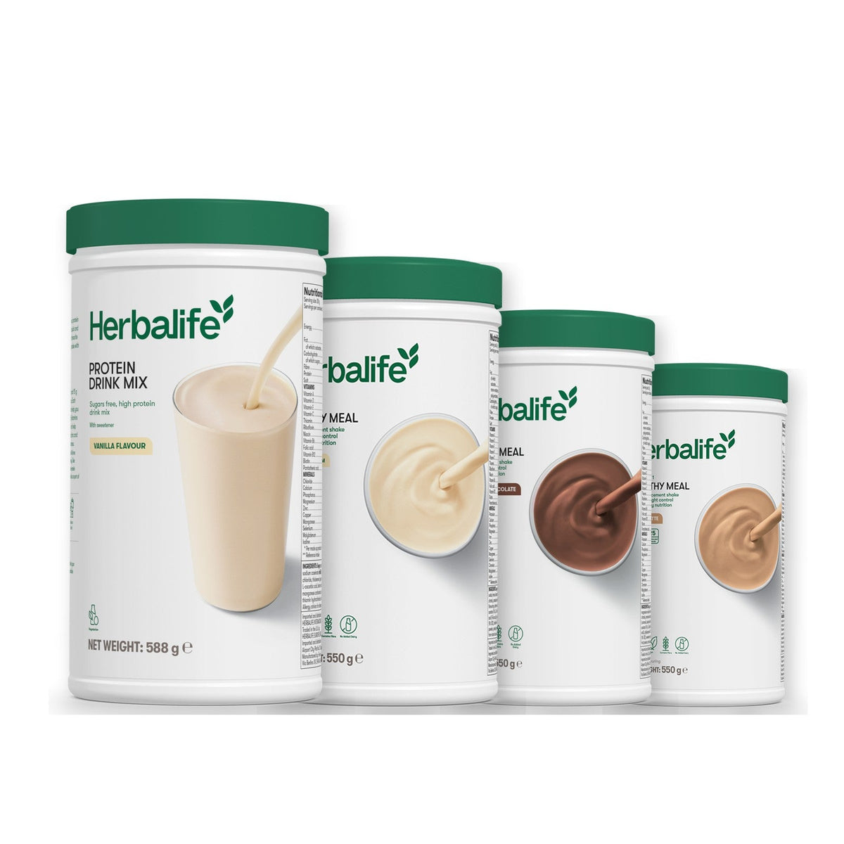 Formula 1 Vanilla Cream shake tub with two more Formula 1 tubs and a vanilla Protein Drink Mix tub, Chocolate / Cafe Latte