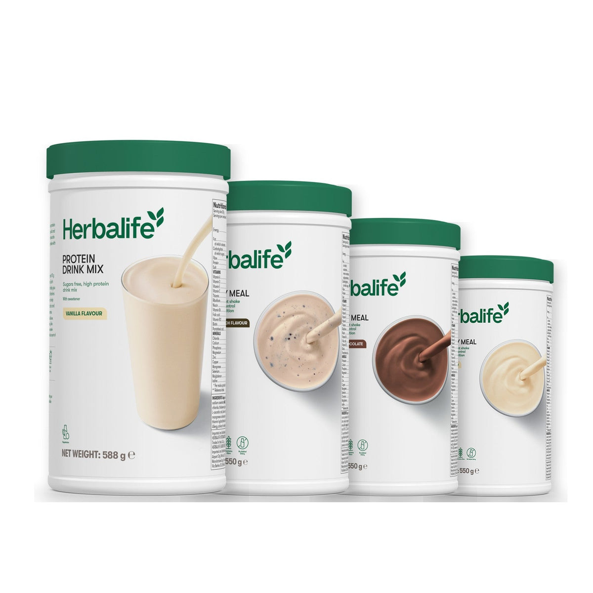 Formula 1 Cookie Crunch shake tub with two more Formula 1 tubs and a vanilla Protein Drink Mix tub, Chocolate / Vanilla