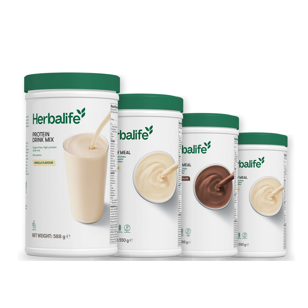 Formula 1 Vanilla Cream shake tub with two more Formula 1 tubs and a vanilla Protein Drink Mix tub, Chocolate / Vanilla