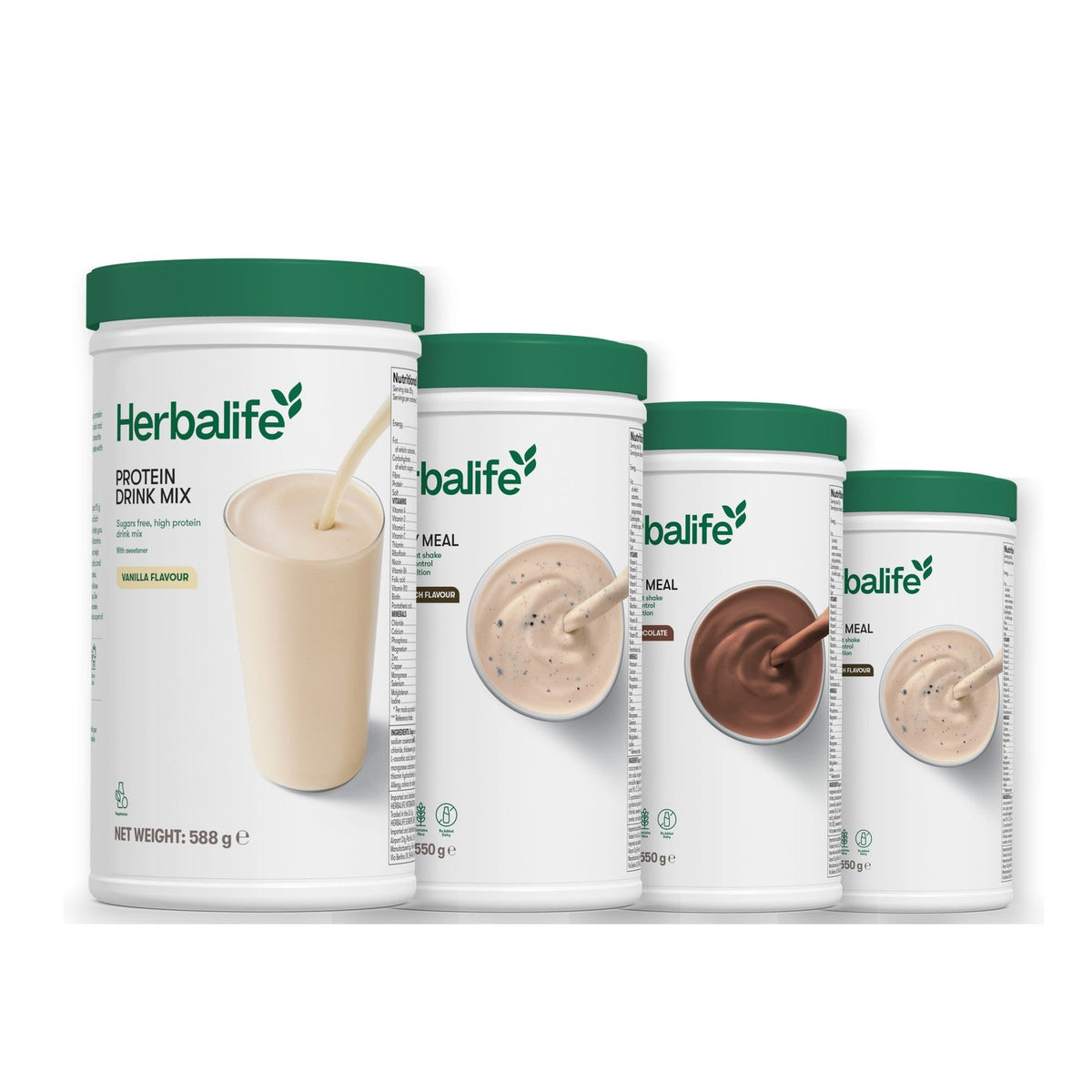 Formula 1 Cookie Crunch shake tub with two more Formula 1 tubs and a vanilla Protein Drink Mix tub, Chocolate / Cookie Crunch