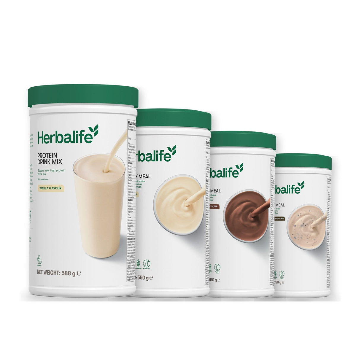 Formula 1 Vanilla Cream shake tub with two more Formula 1 tubs and a vanilla Protein Drink Mix tub, Chocolate / Cookie Crunch