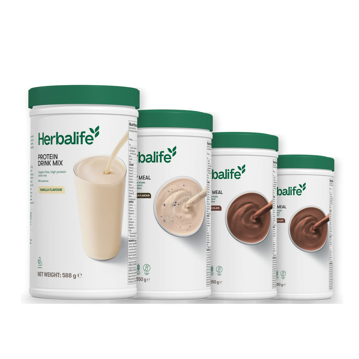 Formula 1 Cookie Crunch shake tub with two more Formula 1 tubs and a vanilla Protein Drink Mix tub, Chocolate / Chocolate
