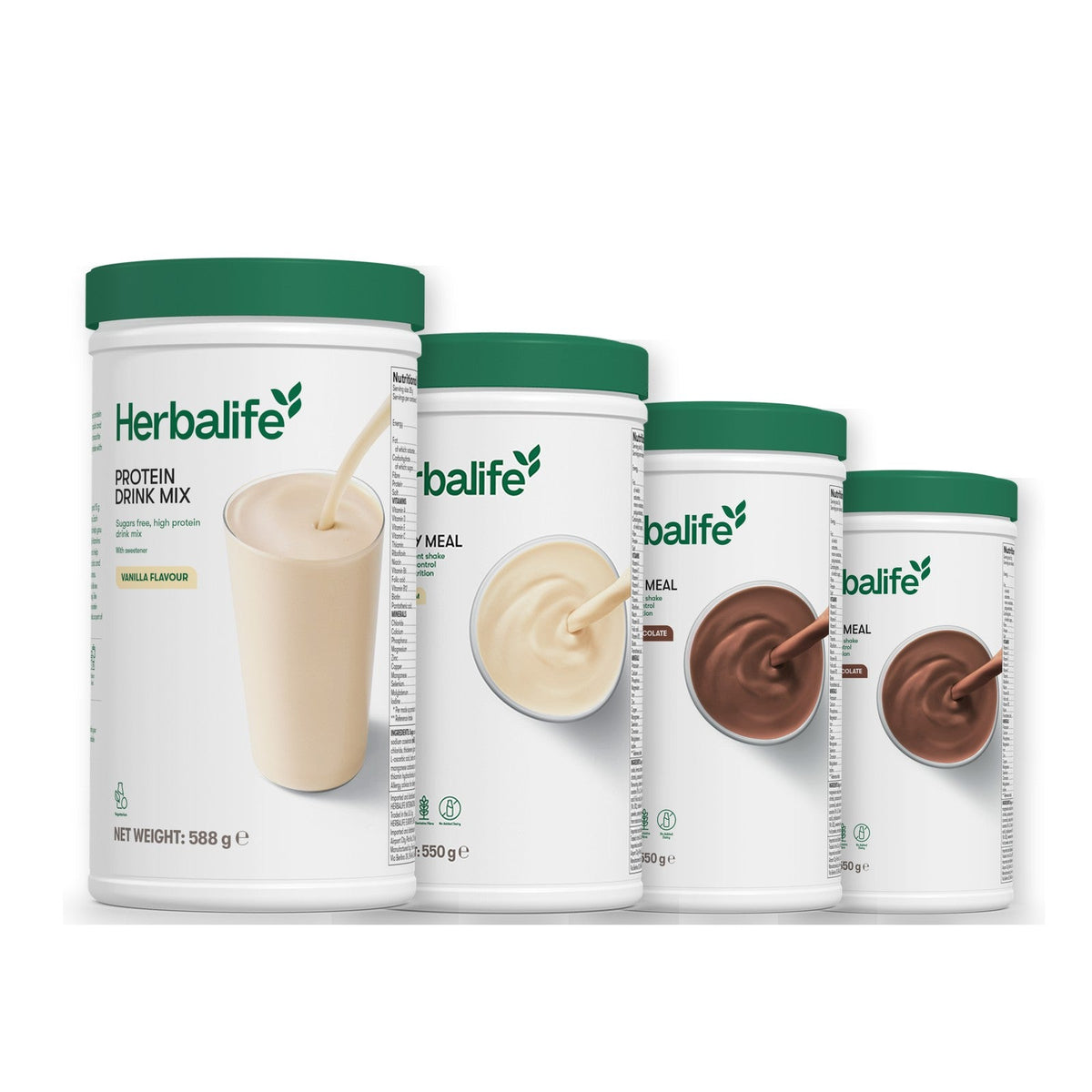 Formula 1 Vanilla Cream shake tub with two more Formula 1 tubs and a vanilla Protein Drink Mix tub, Chocolate / Chocolate