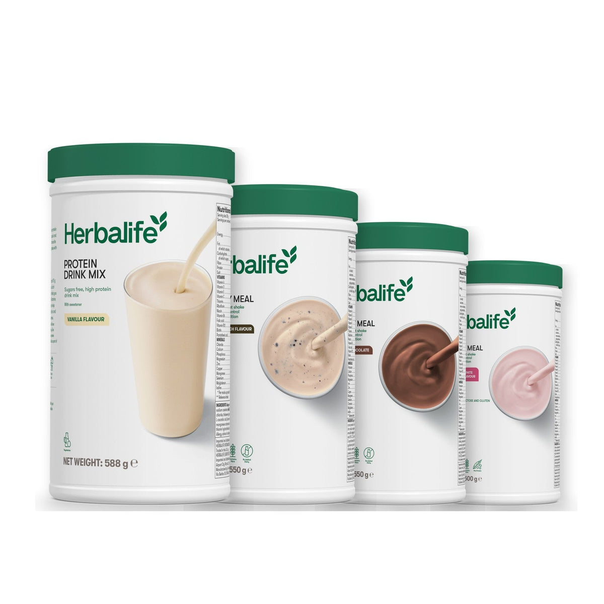 Formula 1 Cookie Crunch shake tub with two more Formula 1 tubs and a vanilla Protein Drink Mix tub, Chocolate / Free From Raspberry & White Chocolate