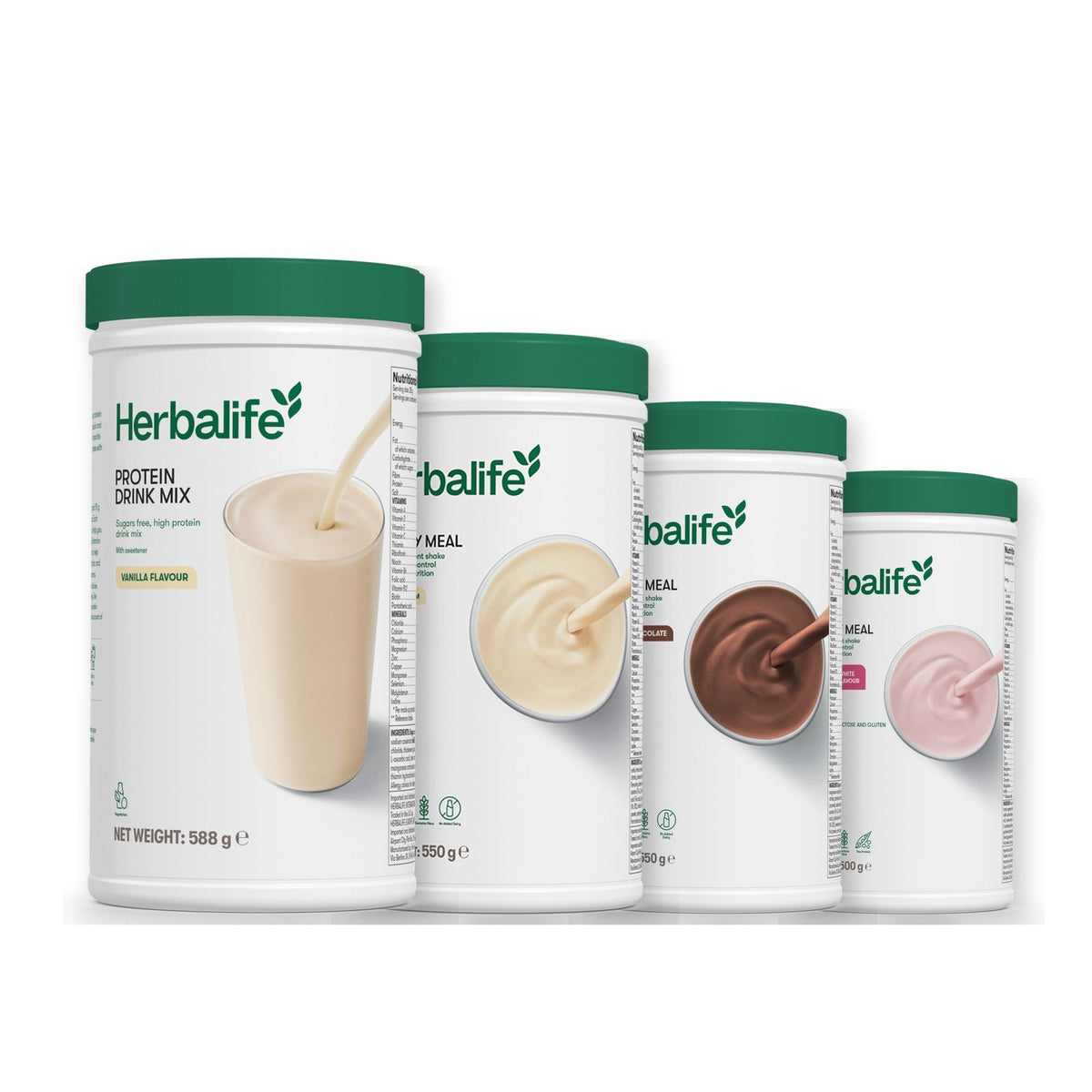 Formula 1 Vanilla Cream shake tub with two more Formula 1 tubs and a vanilla Protein Drink Mix tub, Chocolate / Free From Raspberry & White Chocolate