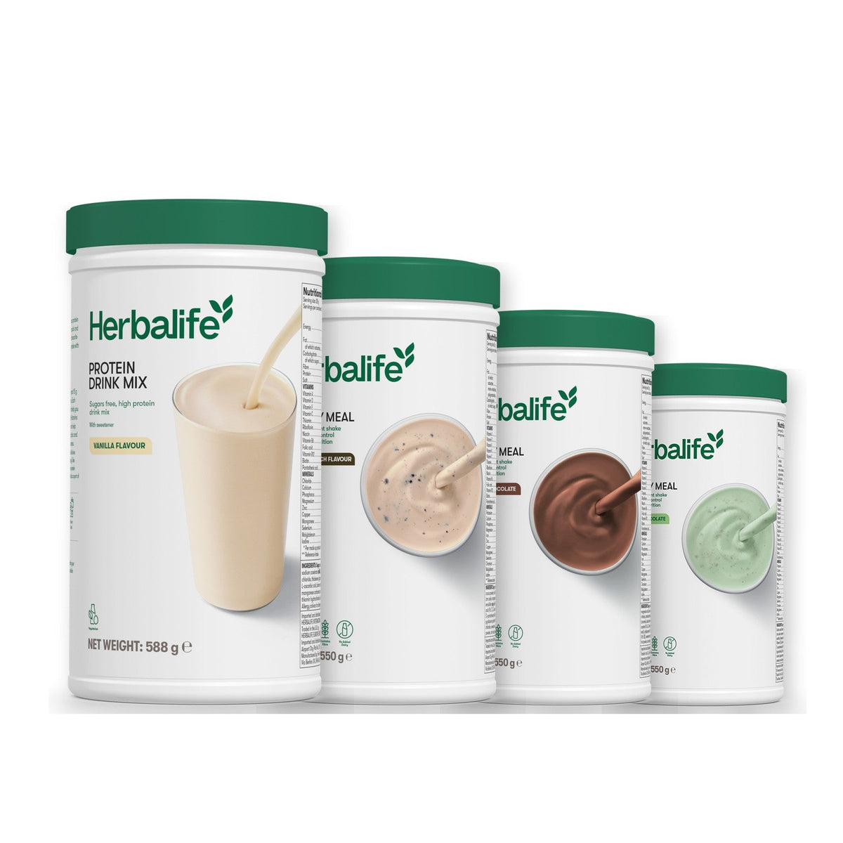 Formula 1 Cookie Crunch shake tub with two more Formula 1 tubs and a vanilla Protein Drink Mix tub, Chocolate / Mint Chocolate