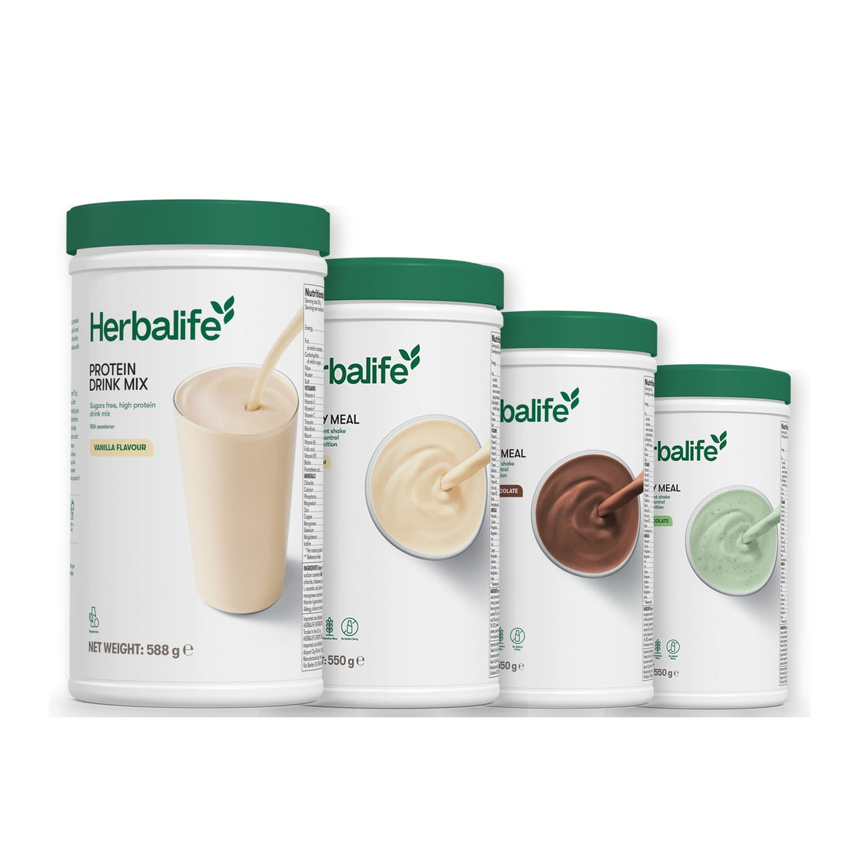 Formula 1 Vanilla Cream shake tub with two more Formula 1 tubs and a vanilla Protein Drink Mix tub, Chocolate / Mint Chocolate