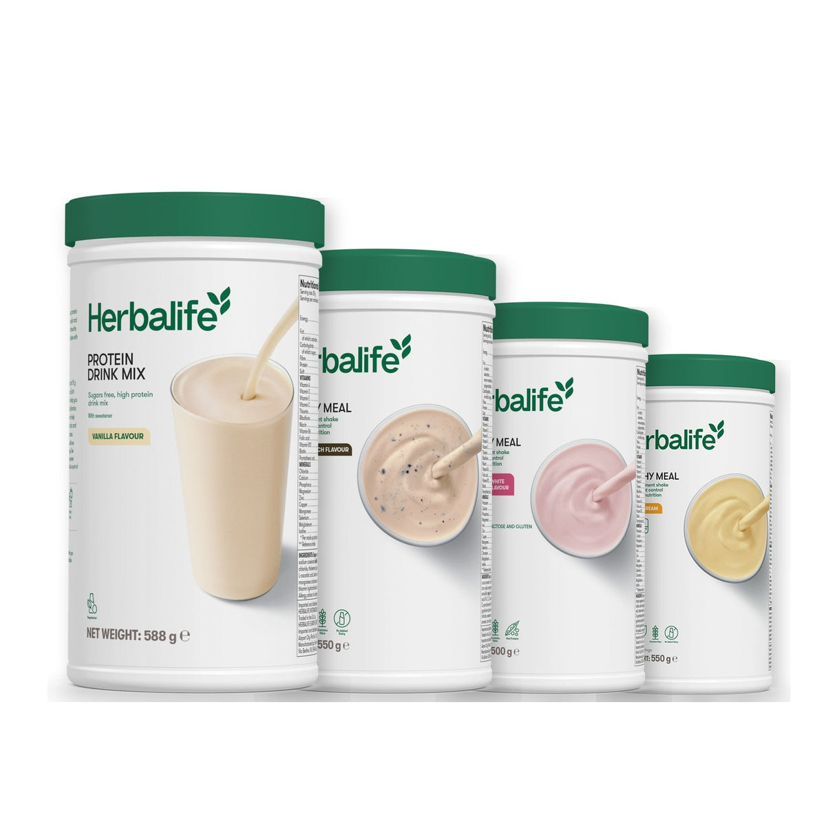 Formula 1 Cookie Crunch shake tub with two more Formula 1 tubs and a vanilla Protein Drink Mix tub, Free From Raspberry & White Chocolate / Banana Cream