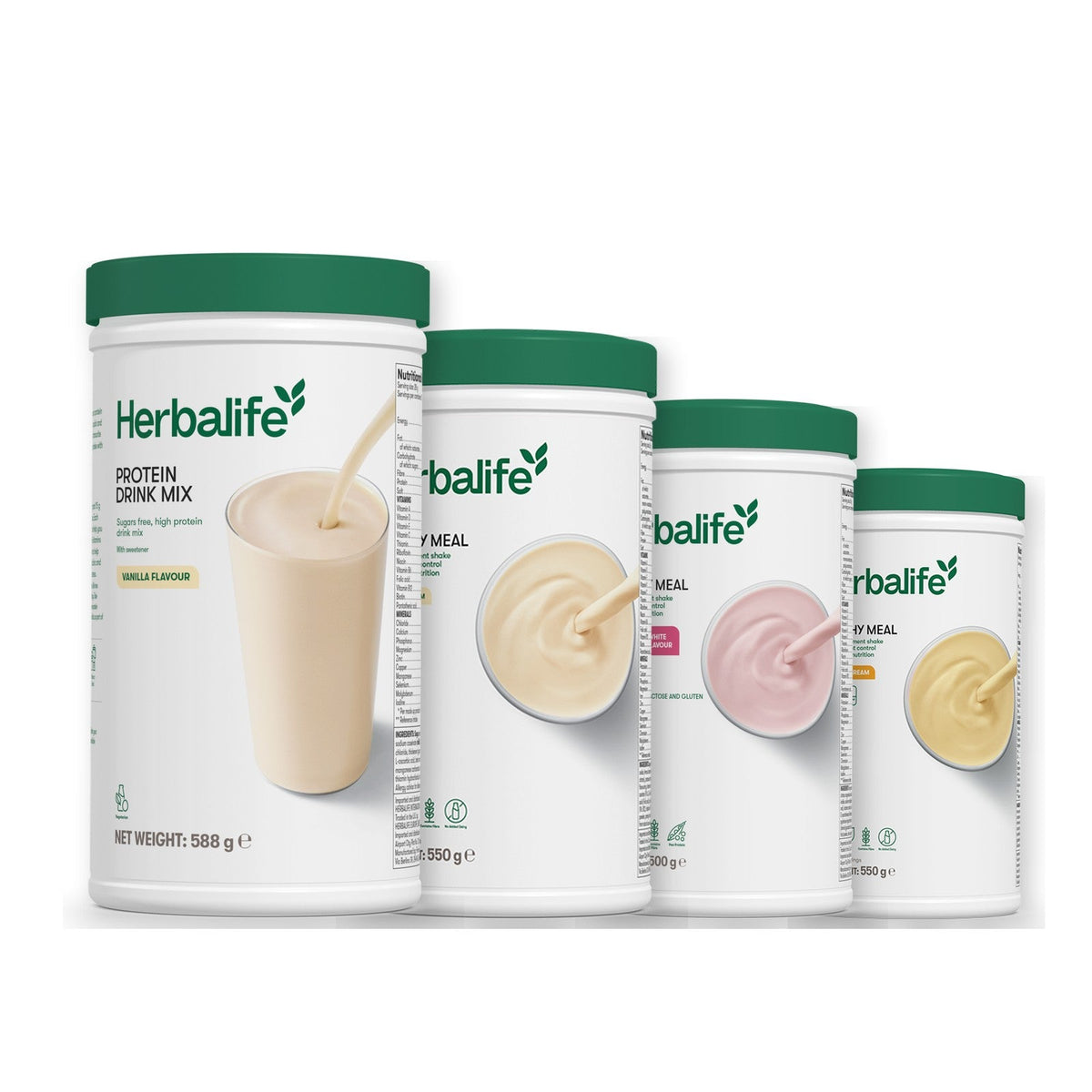 Formula 1 Vanilla Cream shake tub with two more Formula 1 tubs and a vanilla Protein Drink Mix tub, Free From Raspberry & White Chocolate / Banana Cream