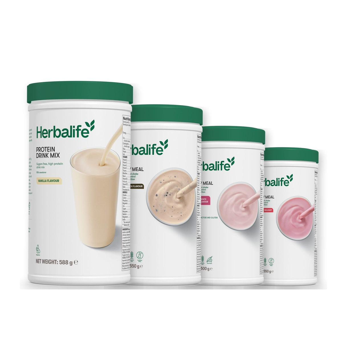 Formula 1 Cookie Crunch shake tub with two more Formula 1 tubs and a vanilla Protein Drink Mix tub, Free From Raspberry & White Chocolate / Strawberry
