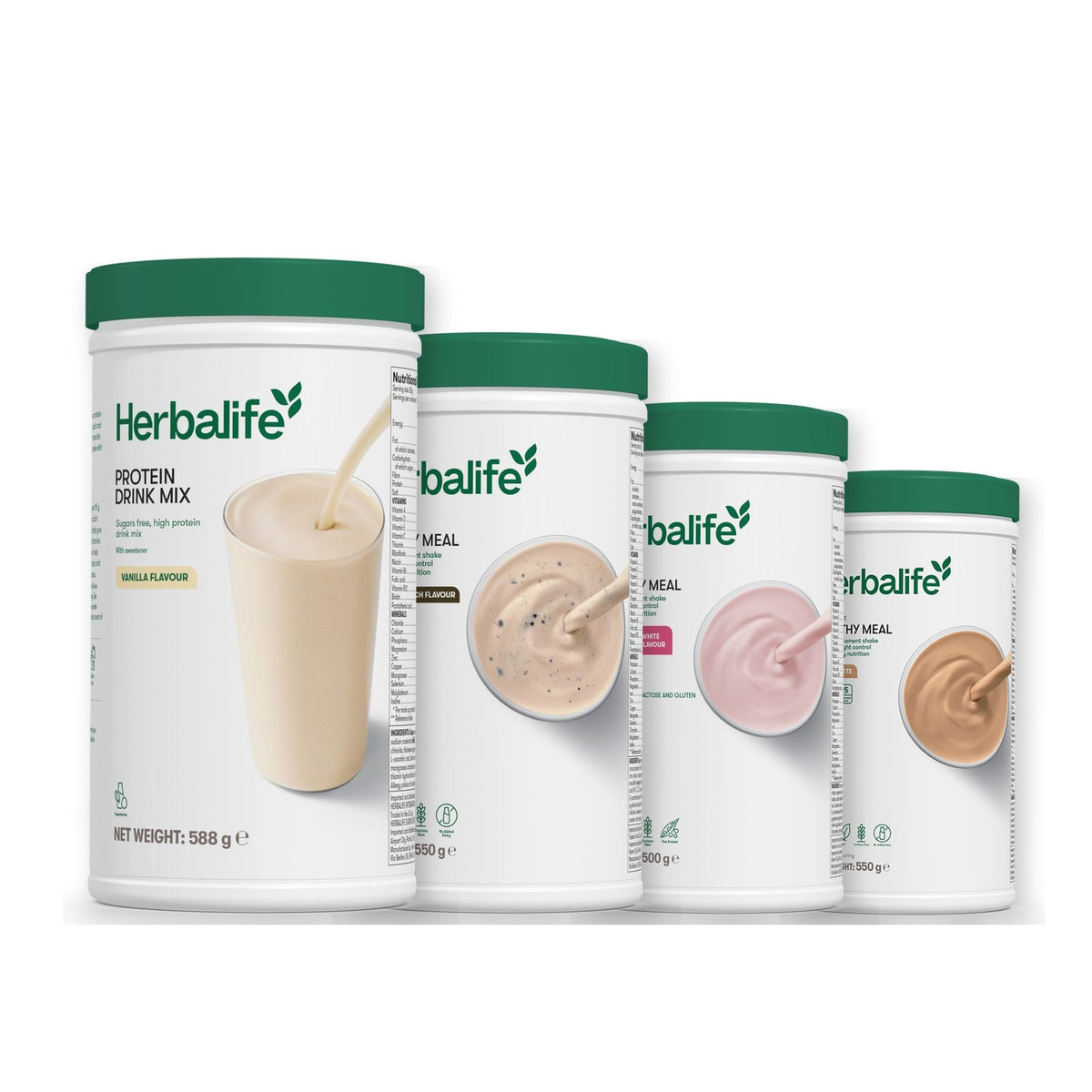Formula 1 Cookie Crunch shake tub with two more Formula 1 tubs and a vanilla Protein Drink Mix tub, Free From Raspberry & White Chocolate / Cafe Latte