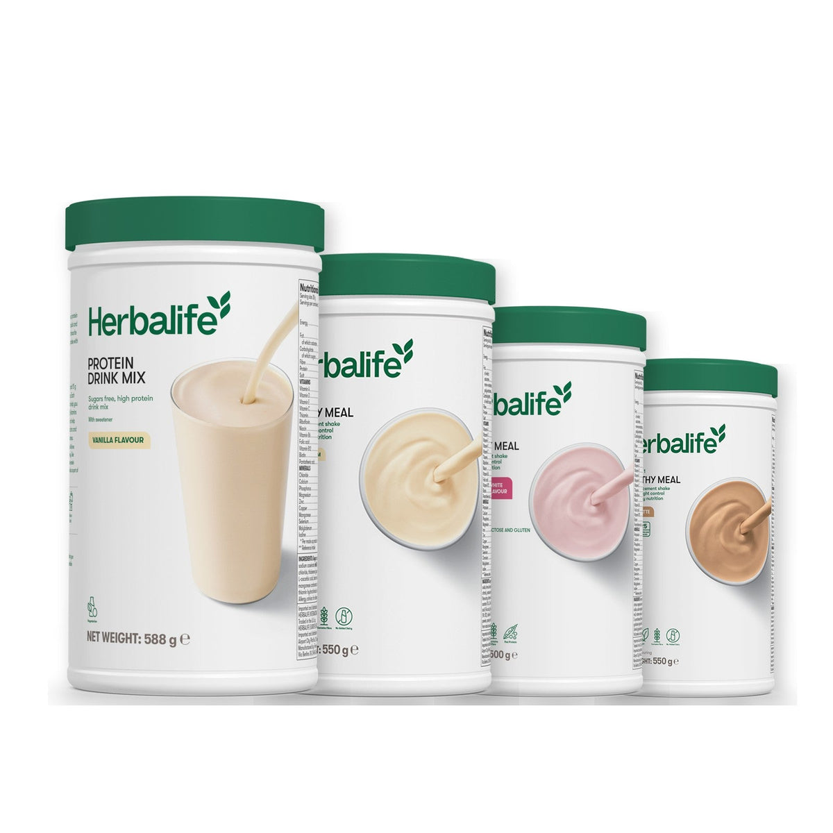 Formula 1 Vanilla Cream shake tub with two more Formula 1 tubs and a vanilla Protein Drink Mix tub, Free From Raspberry & White Chocolate / Cafe Latte