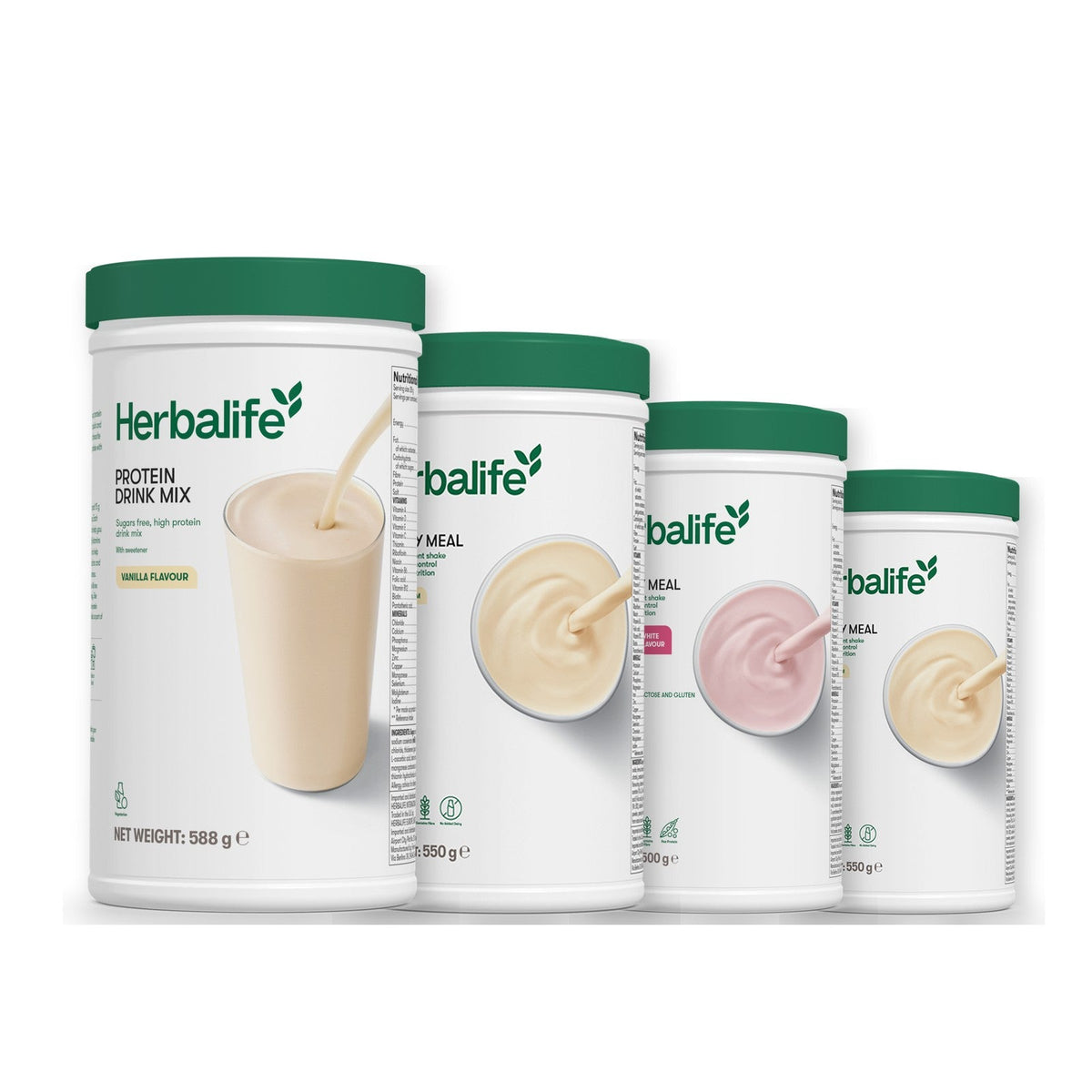 Formula 1 Vanilla Cream shake tub with two more Formula 1 tubs and a vanilla Protein Drink Mix tub, Free From Raspberry & White Chocolate / Vanilla