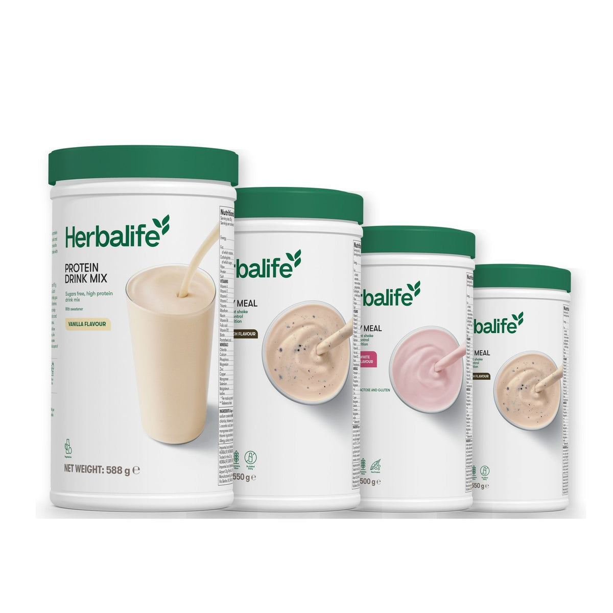 Formula 1 Cookie Crunch shake tub with two more Formula 1 tubs and a vanilla Protein Drink Mix tub, Free From Raspberry & White Chocolate / Cookie Crunch