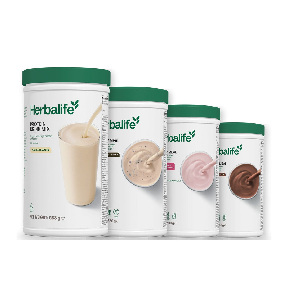 Formula 1 Cookie Crunch shake tub with two more Formula 1 tubs and a vanilla Protein Drink Mix tub, Free From Raspberry & White Chocolate / Chocolate