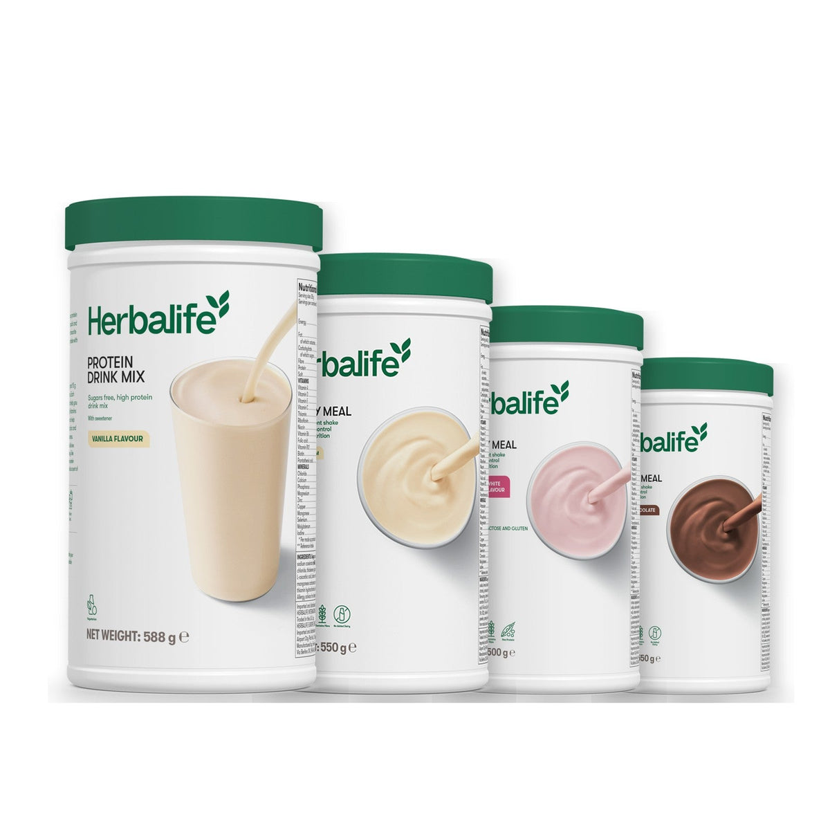 Formula 1 Vanilla Cream shake tub with two more Formula 1 tubs and a vanilla Protein Drink Mix tub, Free From Raspberry & White Chocolate / Chocolate