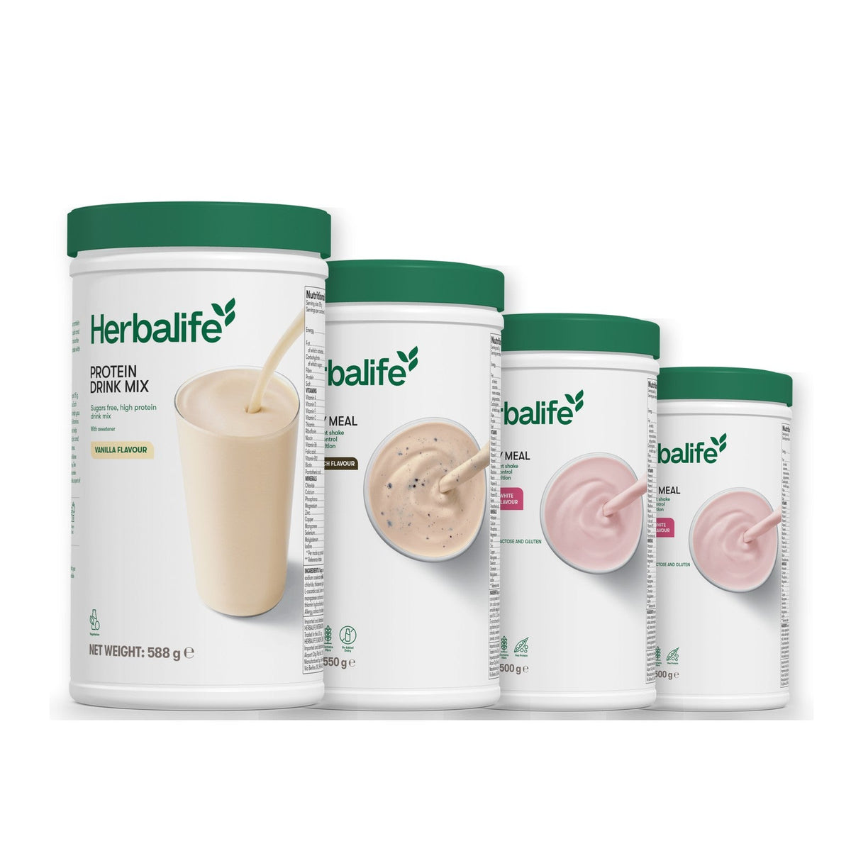 Formula 1 Cookie Crunch shake tub with two more Formula 1 tubs and a vanilla Protein Drink Mix tub, Free From Raspberry & White Chocolate / Free From Raspberry & White Chocolate