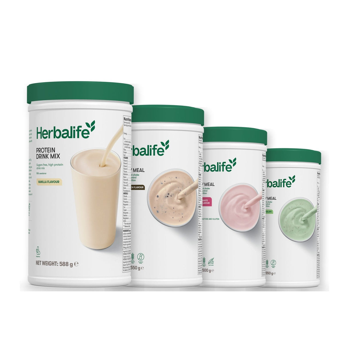 Formula 1 Cookie Crunch shake tub with two more Formula 1 tubs and a vanilla Protein Drink Mix tub, Free From Raspberry & White Chocolate / Mint Chocolate