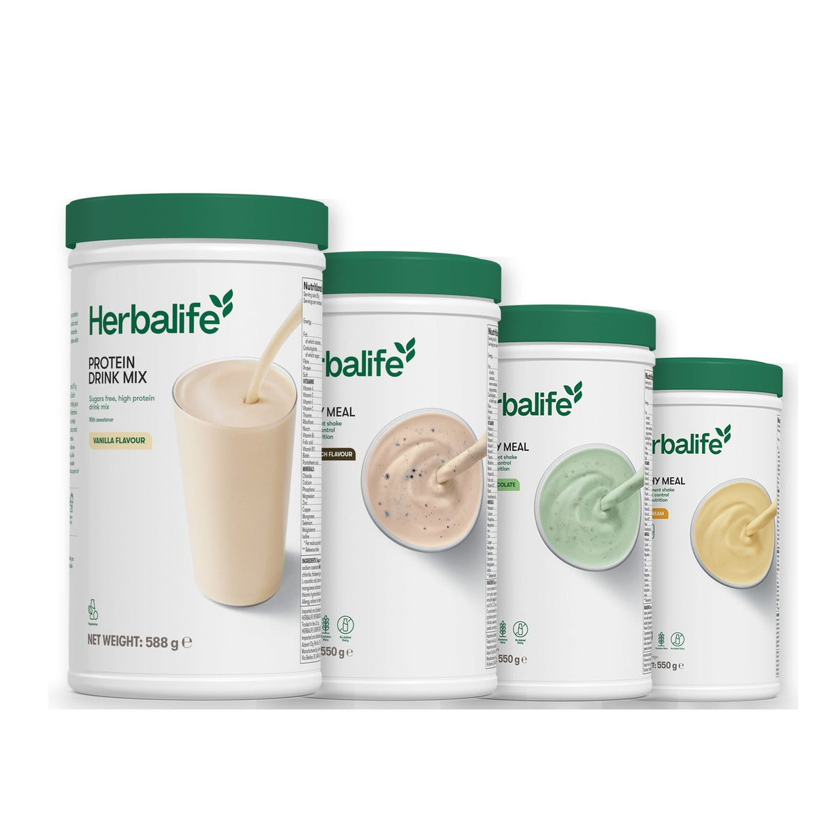 Formula 1 Cookie Crunch shake tub with two more Formula 1 tubs and a vanilla Protein Drink Mix tub, Mint Chocolate / Banana Cream