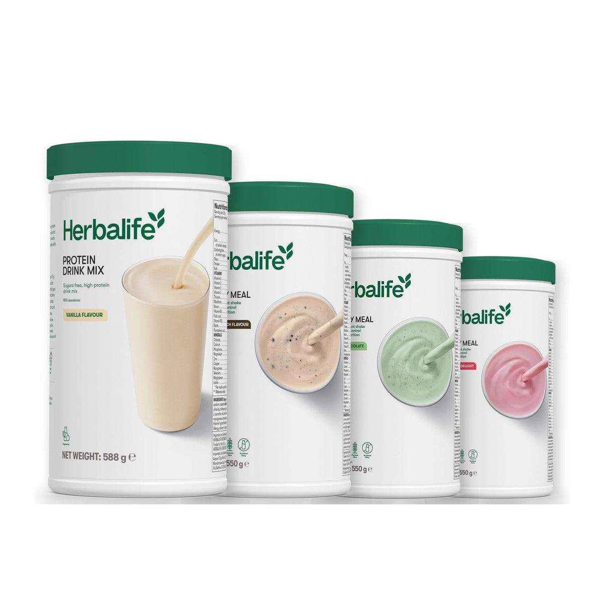 Formula 1 Cookie Crunch shake tub with two more Formula 1 tubs and a vanilla Protein Drink Mix tub, Mint Chocolate / Strawberry