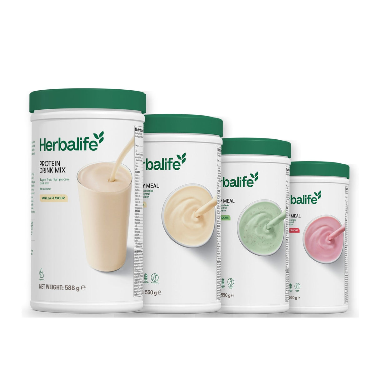 Formula 1 Vanilla Cream shake tub with two more Formula 1 tubs and a vanilla Protein Drink Mix tub, Mint Chocolate / Strawberry