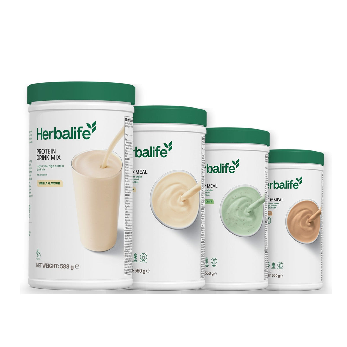 Formula 1 Vanilla Cream shake tub with two more Formula 1 tubs and a vanilla Protein Drink Mix tub, Mint Chocolate / Cafe Latte