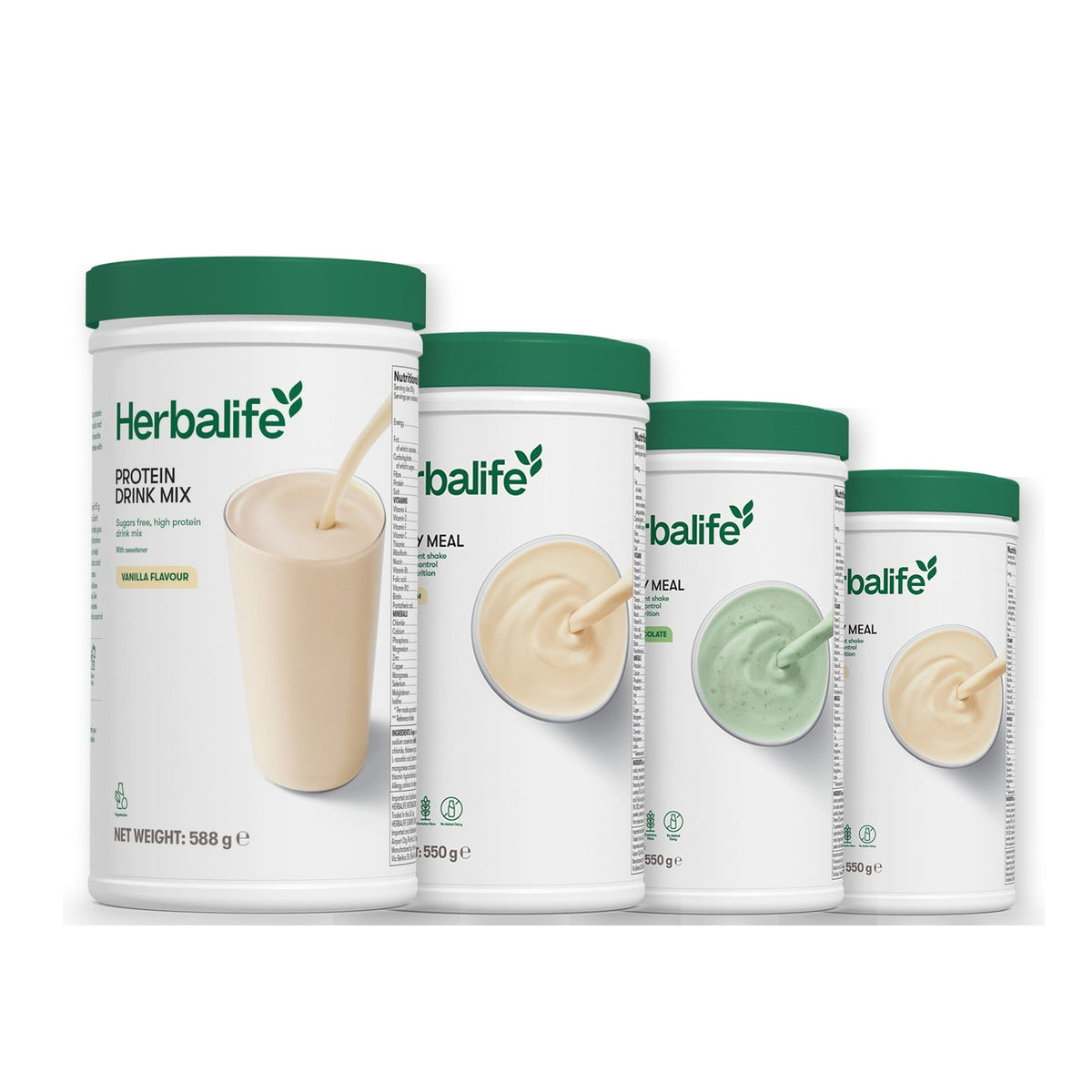 Formula 1 Vanilla Cream shake tub with two more Formula 1 tubs and a vanilla Protein Drink Mix tub, Mint Chocolate / Vanilla