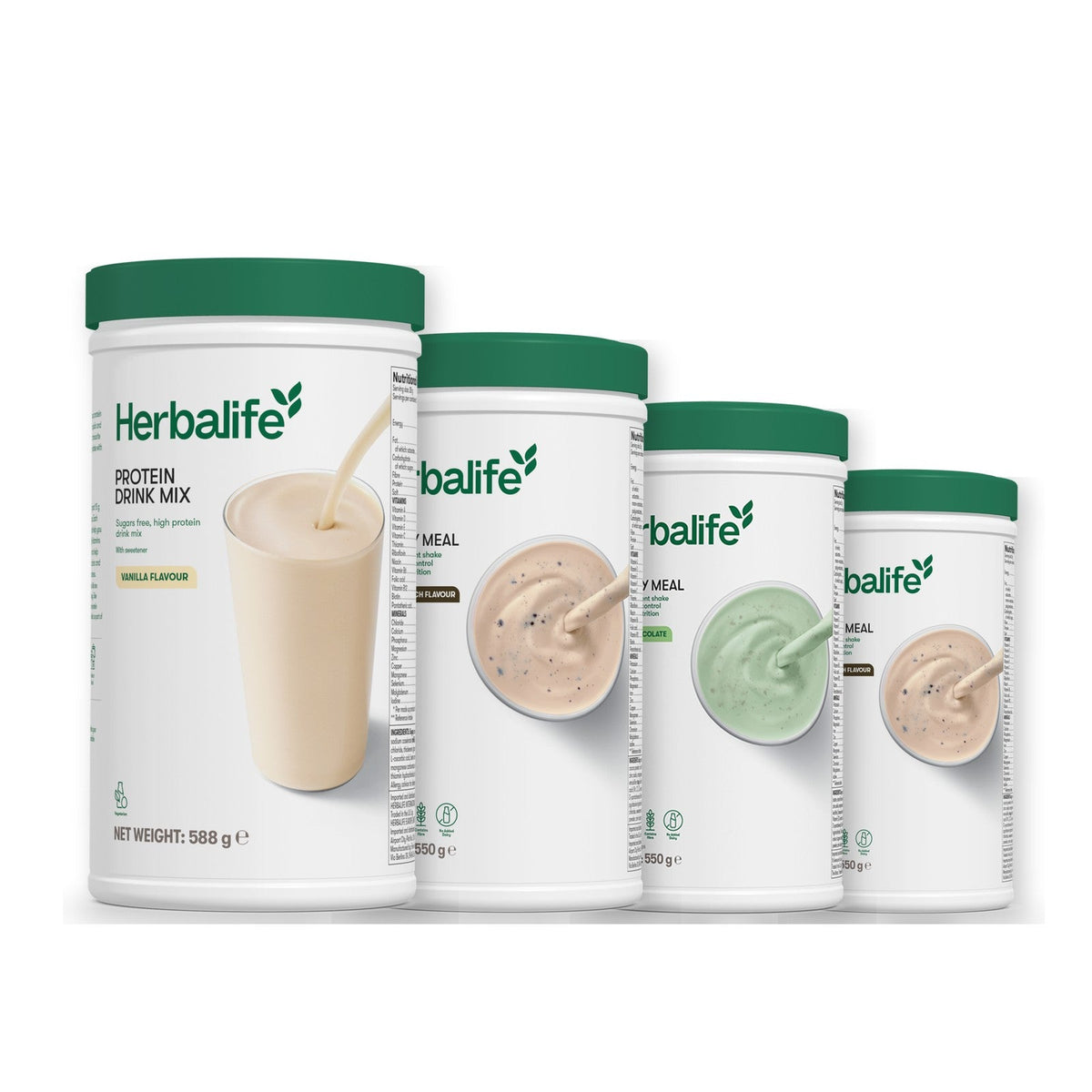 Formula 1 Cookie Crunch shake tub with two more Formula 1 tubs and a vanilla Protein Drink Mix tub, Mint Chocolate / Cookie Crunch