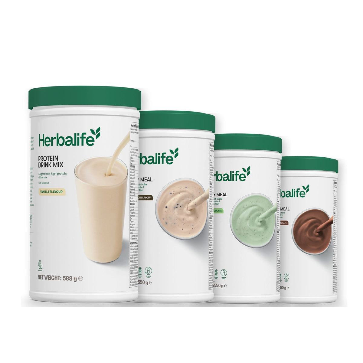 Formula 1 Cookie Crunch shake tub with two more Formula 1 tubs and a vanilla Protein Drink Mix tub, Mint Chocolate / Chocolate