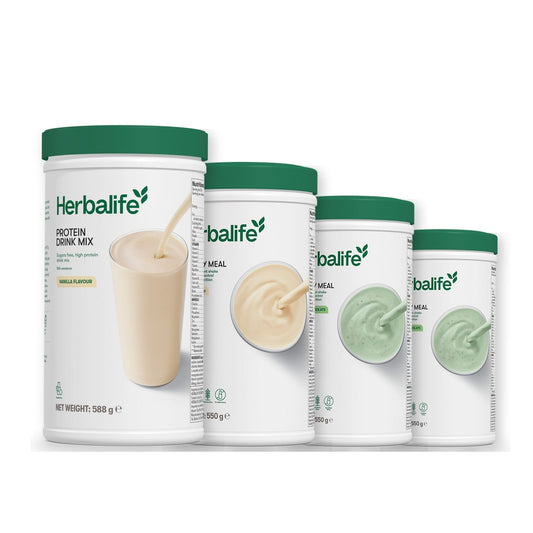 Formula 1 Vanilla Cream shake tub with two more Formula 1 tubs and a vanilla Protein Drink Mix tub, Mint Chocolate / Mint Chocolate